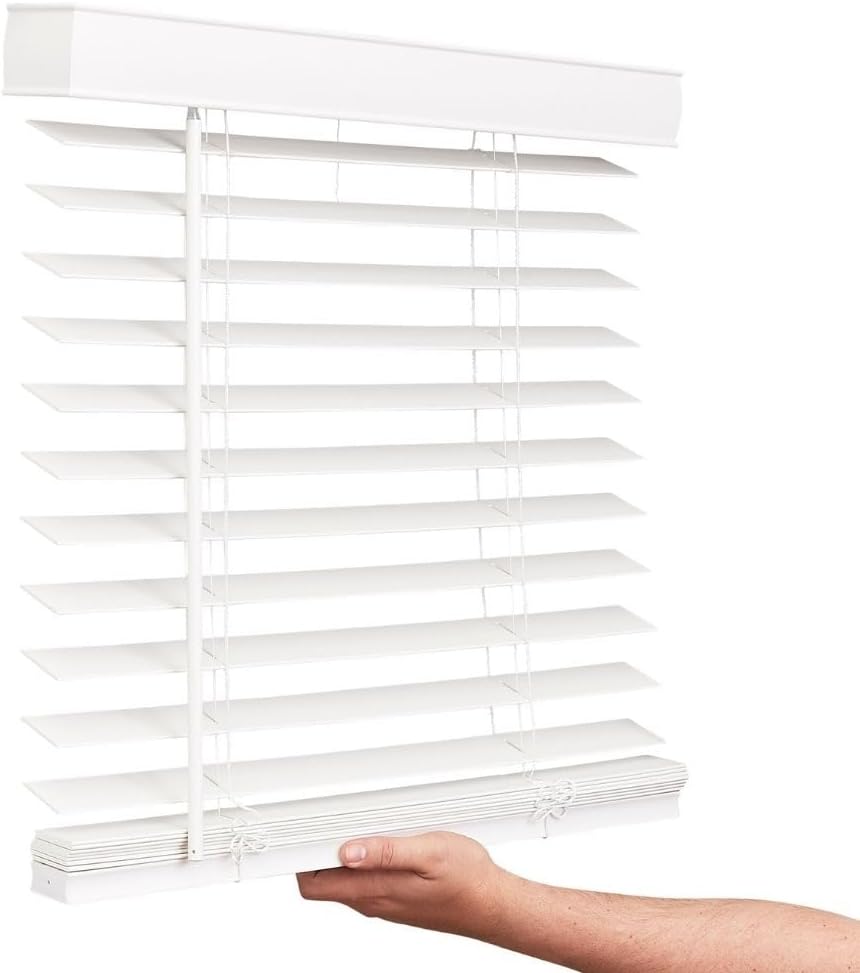 LOTUS & WINDOWARE Cordless Faux Wood Blinds, 35" Wide x 60" Long, Smooth, Snow White, 2 Inch Horizontal Blinds – for Living Room, Bedroom, Interior Door Windows