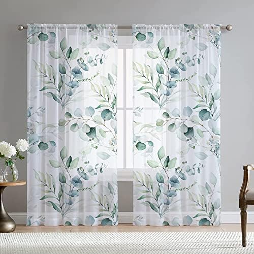Green Eucalyptus Leaves Sheer Curtains for Living Room 84 inch Length 2 Panels Set Elegant Wild Flower Floral Spring Printed Window Curtain Natural Chiffon Drapes for Bedroom