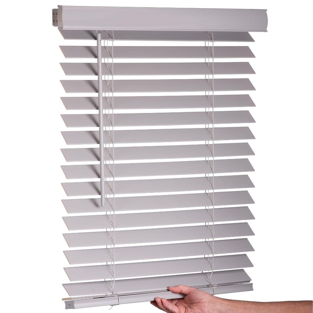 LOTUS & WINDOWARE Cordless Faux Wood Blinds, 35" Wide x 60" Long, Smooth, Snow White, 2 Inch Horizontal Blinds – for Living Room, Bedroom, Interior Door Windows