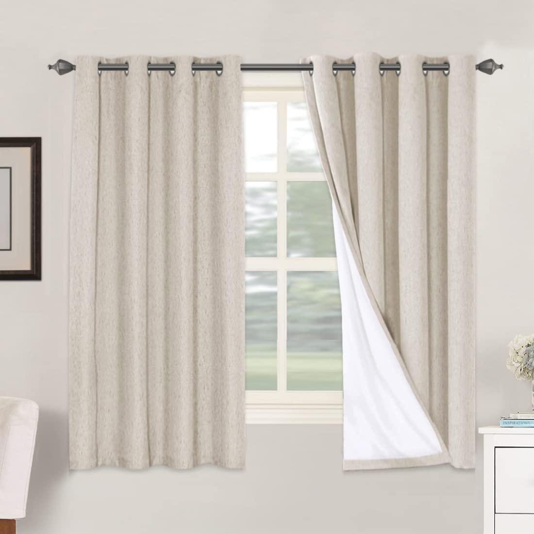 H.VERSAILTEX Linen 100% Blackout Curtains for Bedroom Full Light Blocking Curtains, Textured Window Curtain for Living Room 84 inch Grommet, Energy Efficient Curtains White Liner(2 Panels, Natural)