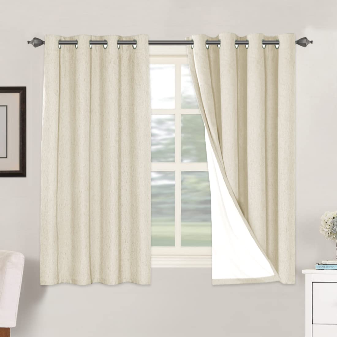 H.VERSAILTEX Linen 100% Blackout Curtains for Bedroom Full Light Blocking Curtains, Textured Window Curtain for Living Room 84 inch Grommet, Energy Efficient Curtains White Liner(2 Panels, Natural)
