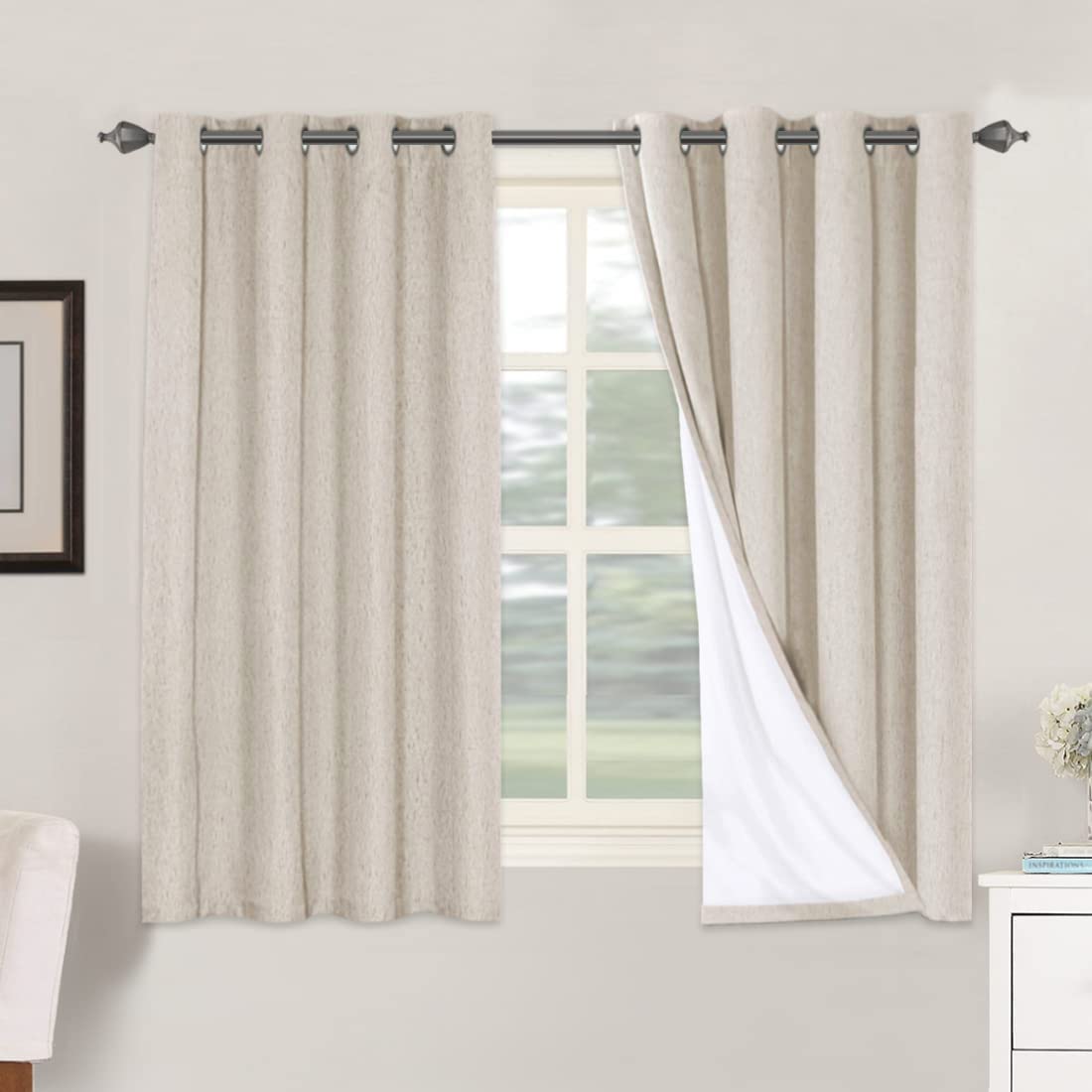 H.VERSAILTEX Linen 100% Blackout Curtains for Bedroom Full Light Blocking Curtains, Textured Window Curtain for Living Room 84 inch Grommet, Energy Efficient Curtains White Liner(2 Panels, Natural)