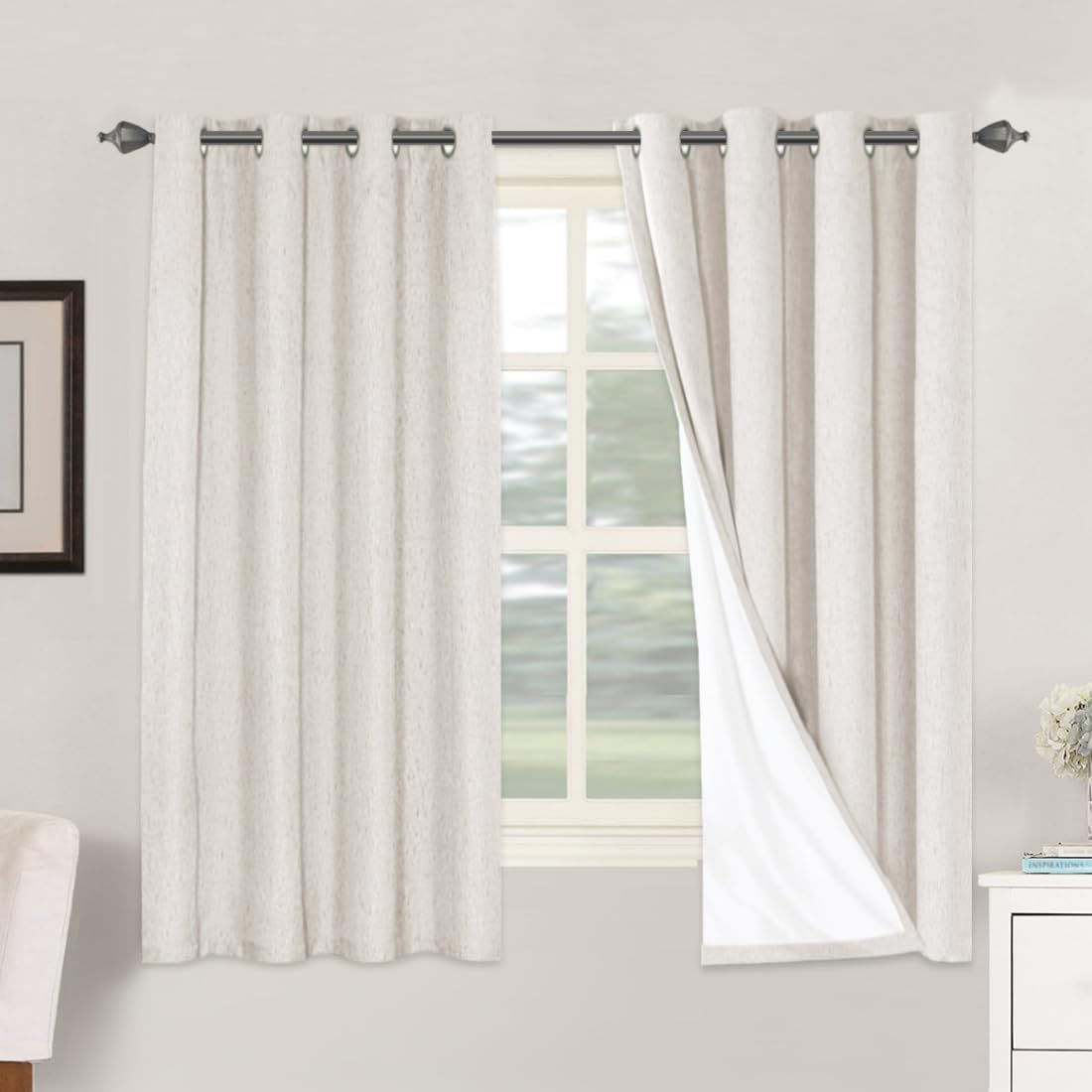 H.VERSAILTEX Linen 100% Blackout Curtains for Bedroom Full Light Blocking Curtains, Textured Window Curtain for Living Room 84 inch Grommet, Energy Efficient Curtains White Liner(2 Panels, Natural)