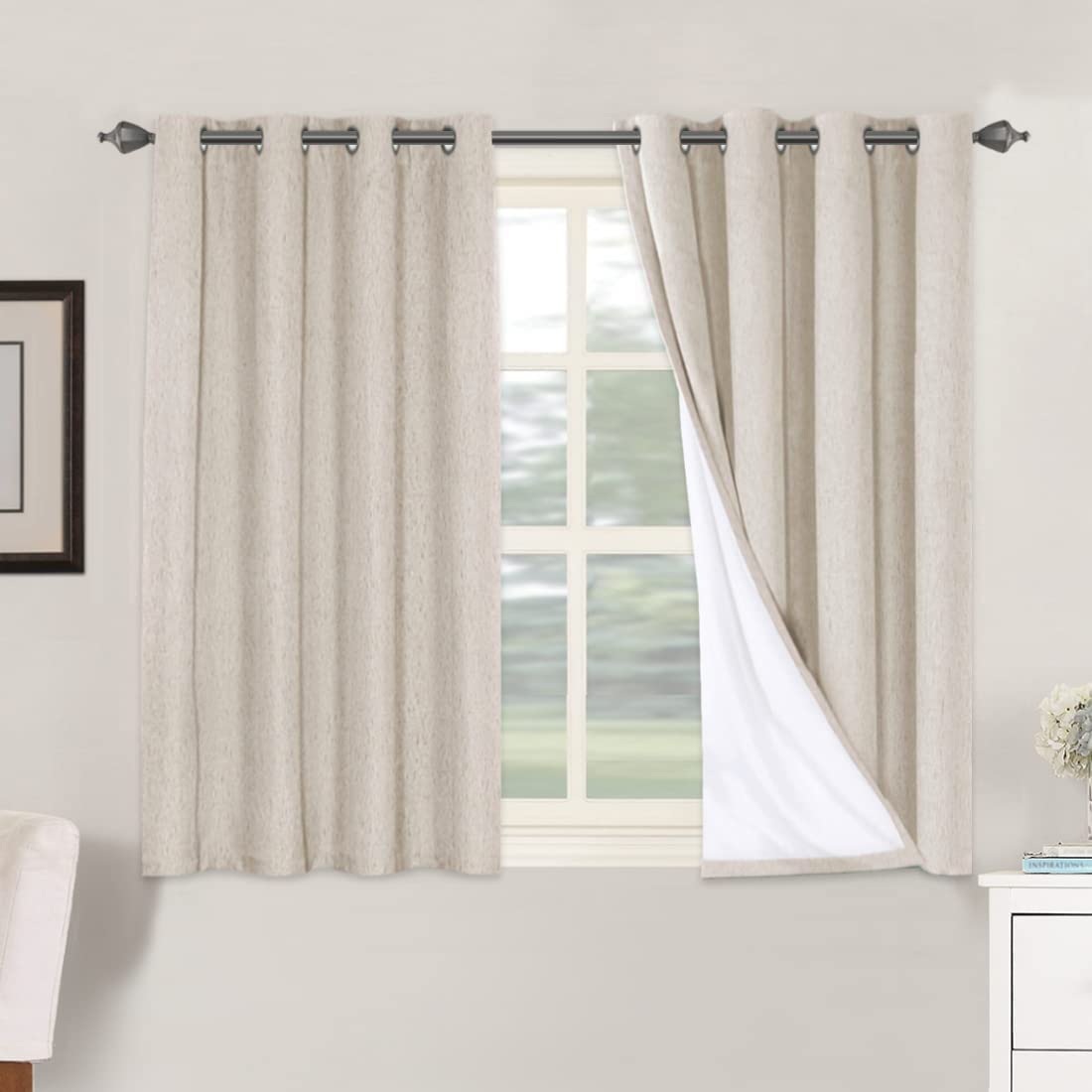 H.VERSAILTEX Linen 100% Blackout Curtains for Bedroom Full Light Blocking Curtains, Textured Window Curtain for Living Room 84 inch Grommet, Energy Efficient Curtains White Liner(2 Panels, Natural)