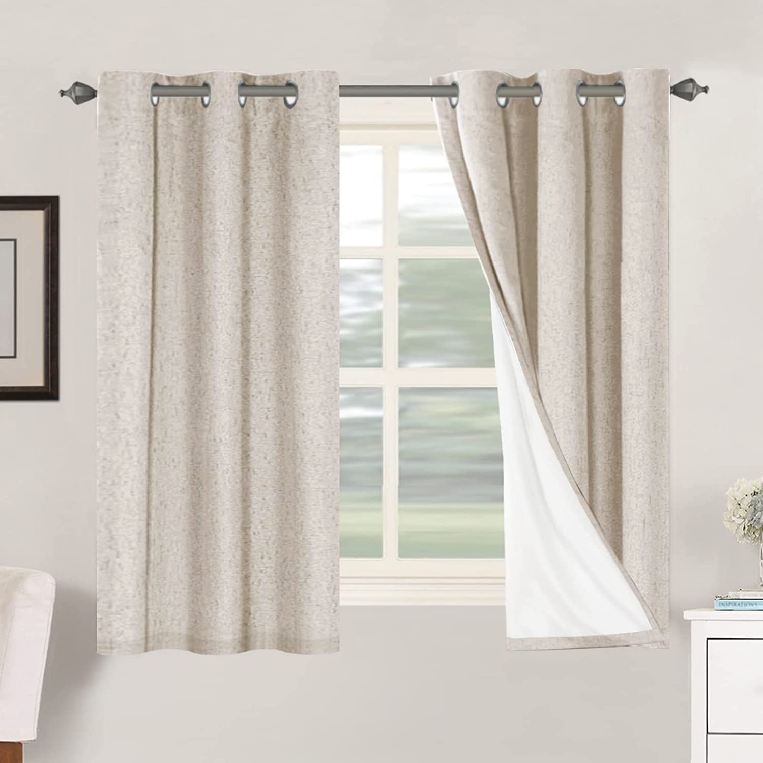 H.VERSAILTEX Linen 100% Blackout Curtains for Bedroom Full Light Blocking Curtains, Textured Window Curtain for Living Room 84 inch Grommet, Energy Efficient Curtains White Liner(2 Panels, Natural)