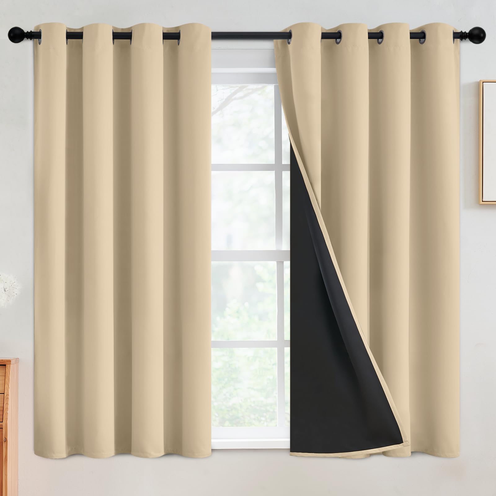 SimpleHome 100% Blackout Curtains for Bedroom,Thermal Insulated Grommet Window Drapes Room Darkening Cream Curtains for Living Room with Black Back,52 x 84 Inch,2 Panels