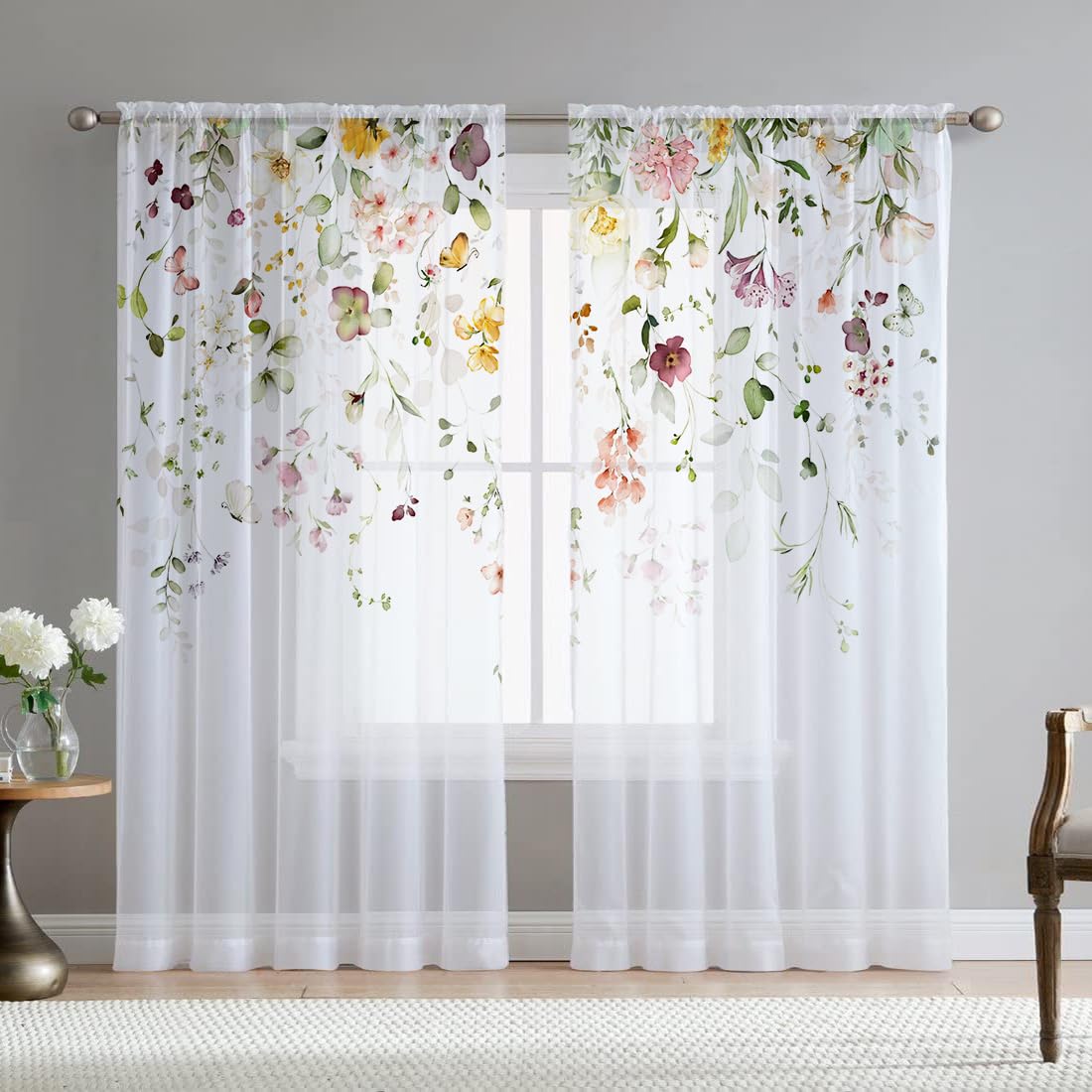 Green Eucalyptus Leaves Sheer Curtains for Living Room 84 inch Length 2 Panels Set Elegant Wild Flower Floral Spring Printed Window Curtain Natural Chiffon Drapes for Bedroom