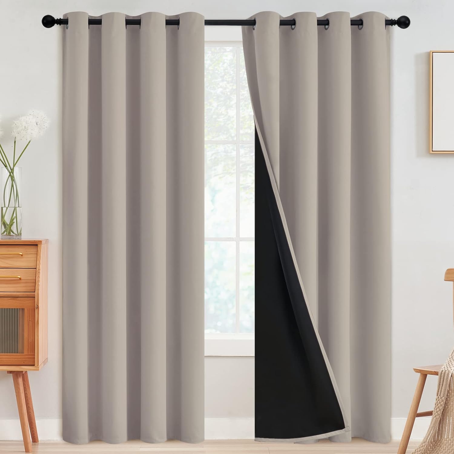 SimpleHome 100% Blackout Curtains for Bedroom,Thermal Insulated Grommet Window Drapes Room Darkening Cream Curtains for Living Room with Black Back,52 x 84 Inch,2 Panels