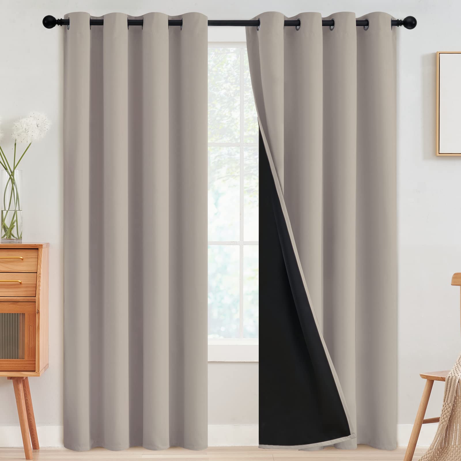 SimpleHome 100% Blackout Curtains for Bedroom,Thermal Insulated Grommet Window Drapes Room Darkening Cream Curtains for Living Room with Black Back,52 x 84 Inch,2 Panels