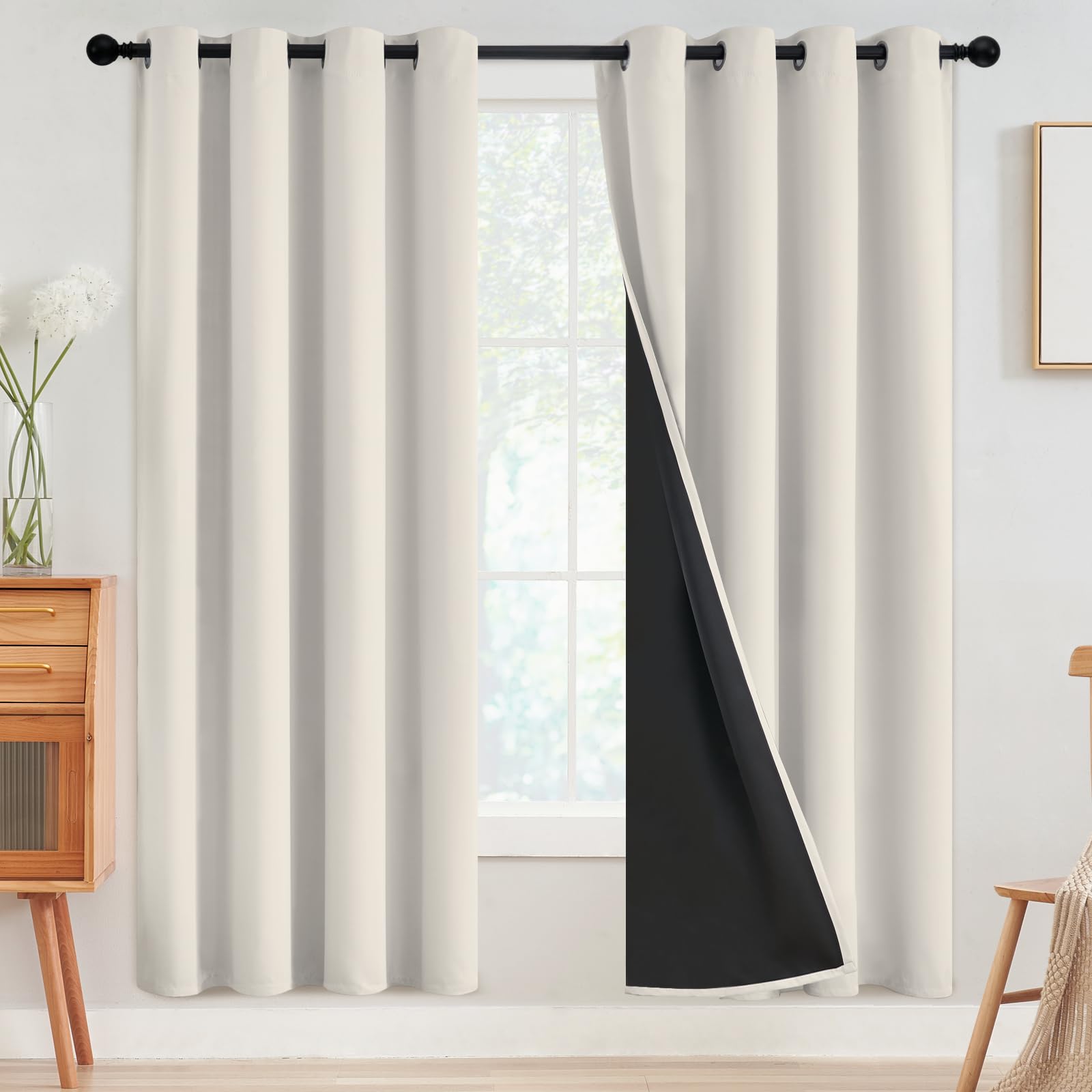 SimpleHome 100% Blackout Curtains for Bedroom,Thermal Insulated Grommet Window Drapes Room Darkening Cream Curtains for Living Room with Black Back,52 x 84 Inch,2 Panels