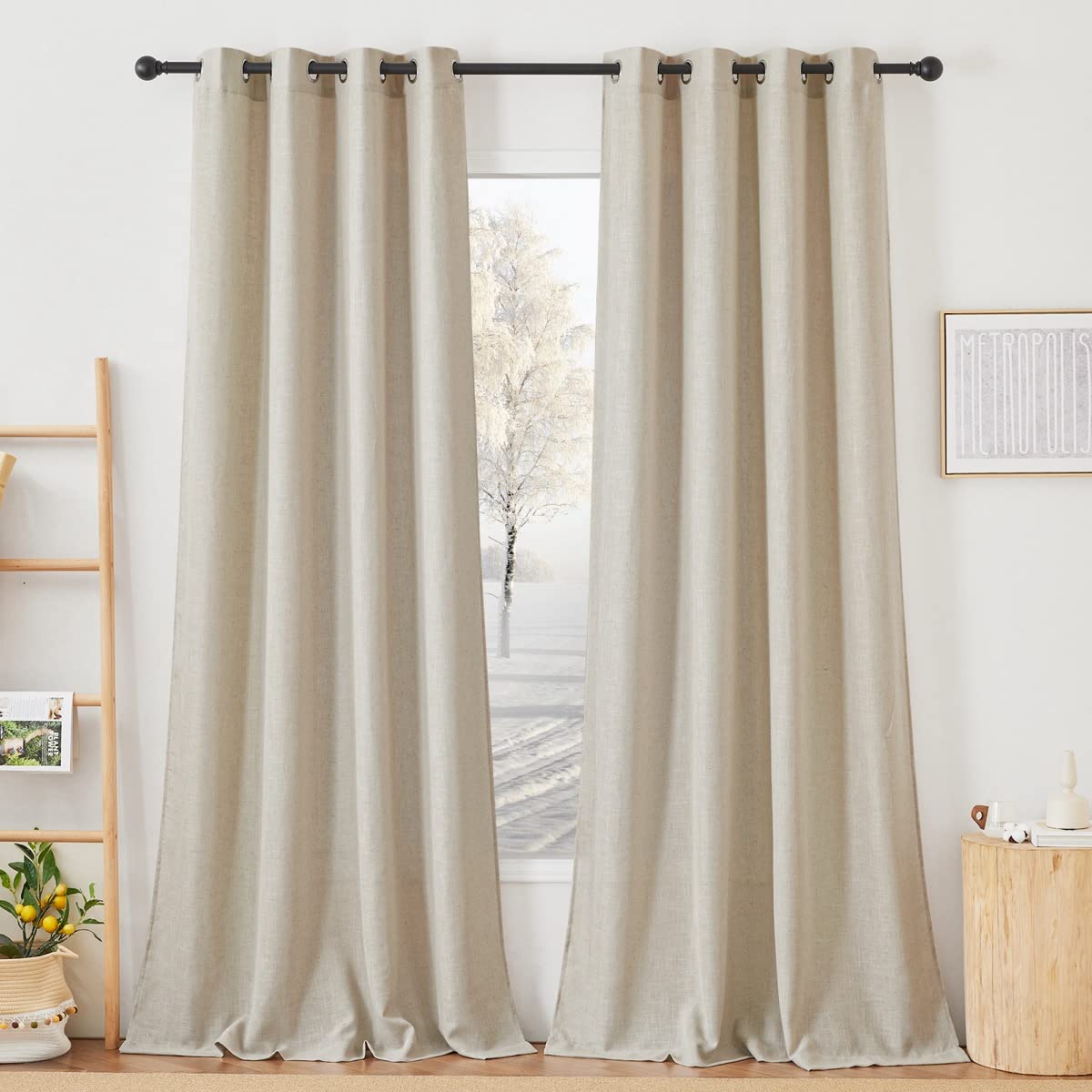 NICETOWN Semi Sheer Beige Curtains 84 inches Long, Grommet Retro Linen Curtains Window Treatments Vertical Drapes Privacy with Light Filter for Living Room, W52 x L84, 2 Panels