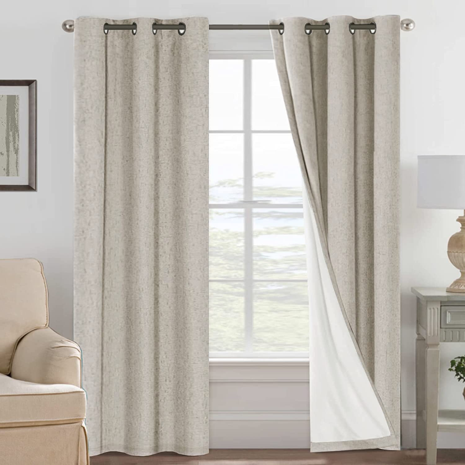 H.VERSAILTEX Linen 100% Blackout Curtains for Bedroom Full Light Blocking Curtains, Textured Window Curtain for Living Room 84 inch Grommet, Energy Efficient Curtains White Liner(2 Panels, Natural)