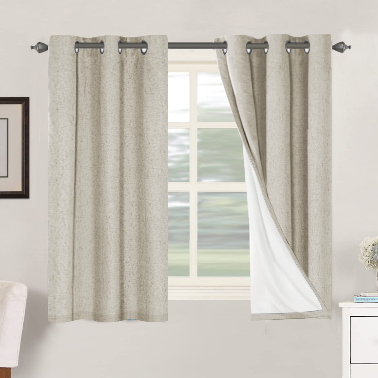 H.VERSAILTEX Linen 100% Blackout Curtains for Bedroom Full Light Blocking Curtains, Textured Window Curtain for Living Room 84 inch Grommet, Energy Efficient Curtains White Liner(2 Panels, Natural)