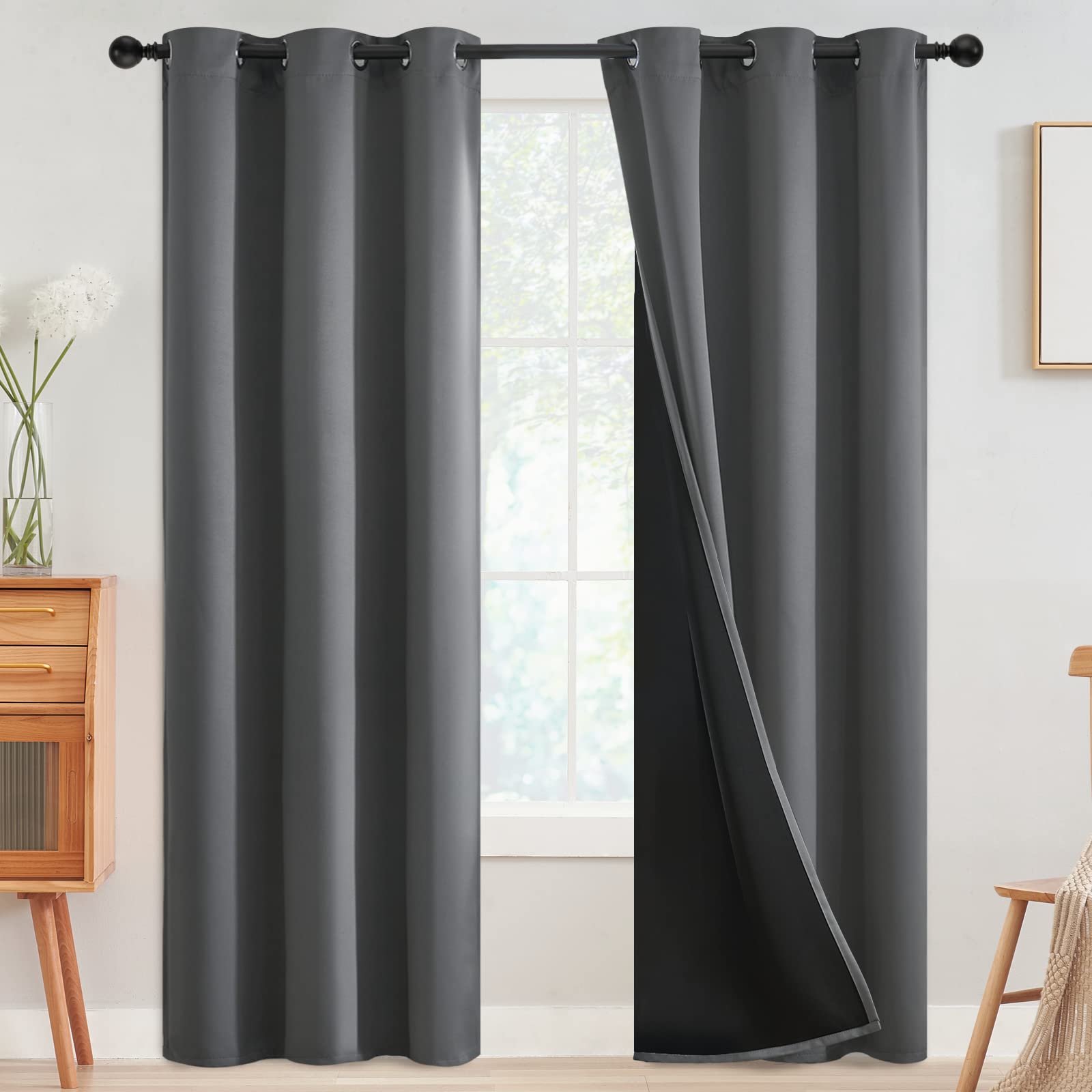 SimpleHome 100% Blackout Curtains for Bedroom,Thermal Insulated Grommet Window Drapes Room Darkening Cream Curtains for Living Room with Black Back,52 x 84 Inch,2 Panels