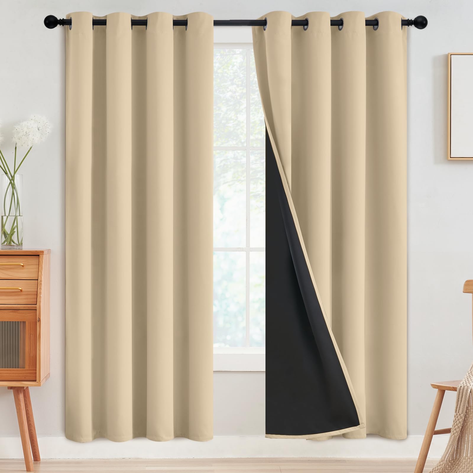 SimpleHome 100% Blackout Curtains for Bedroom,Thermal Insulated Grommet Window Drapes Room Darkening Cream Curtains for Living Room with Black Back,52 x 84 Inch,2 Panels