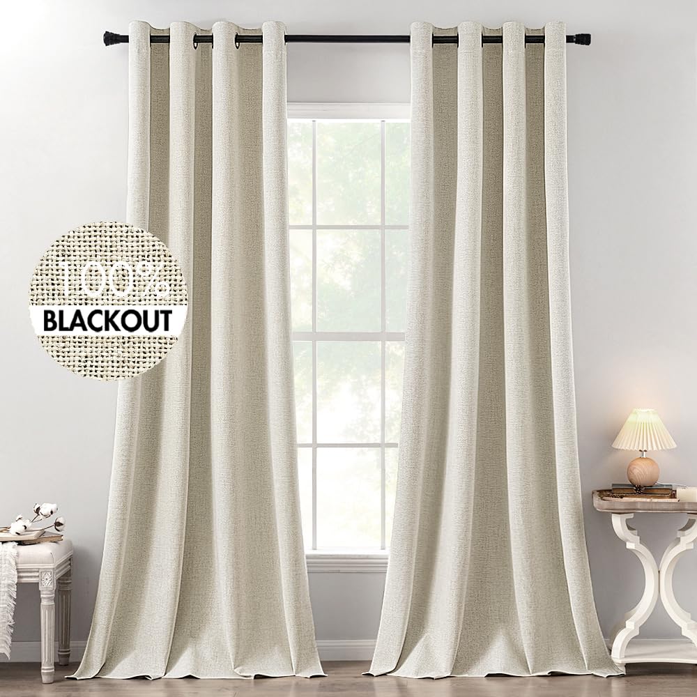 MIULEE 90 Inches Linen Textured Curtains for Bedroom 100% Blackout Thermal Insulated Natural Beige Grommet Room Darkening Curtains & Drapes Luxury Decor for Living Room Nursery 52 x 90 Inch (2 Panels)