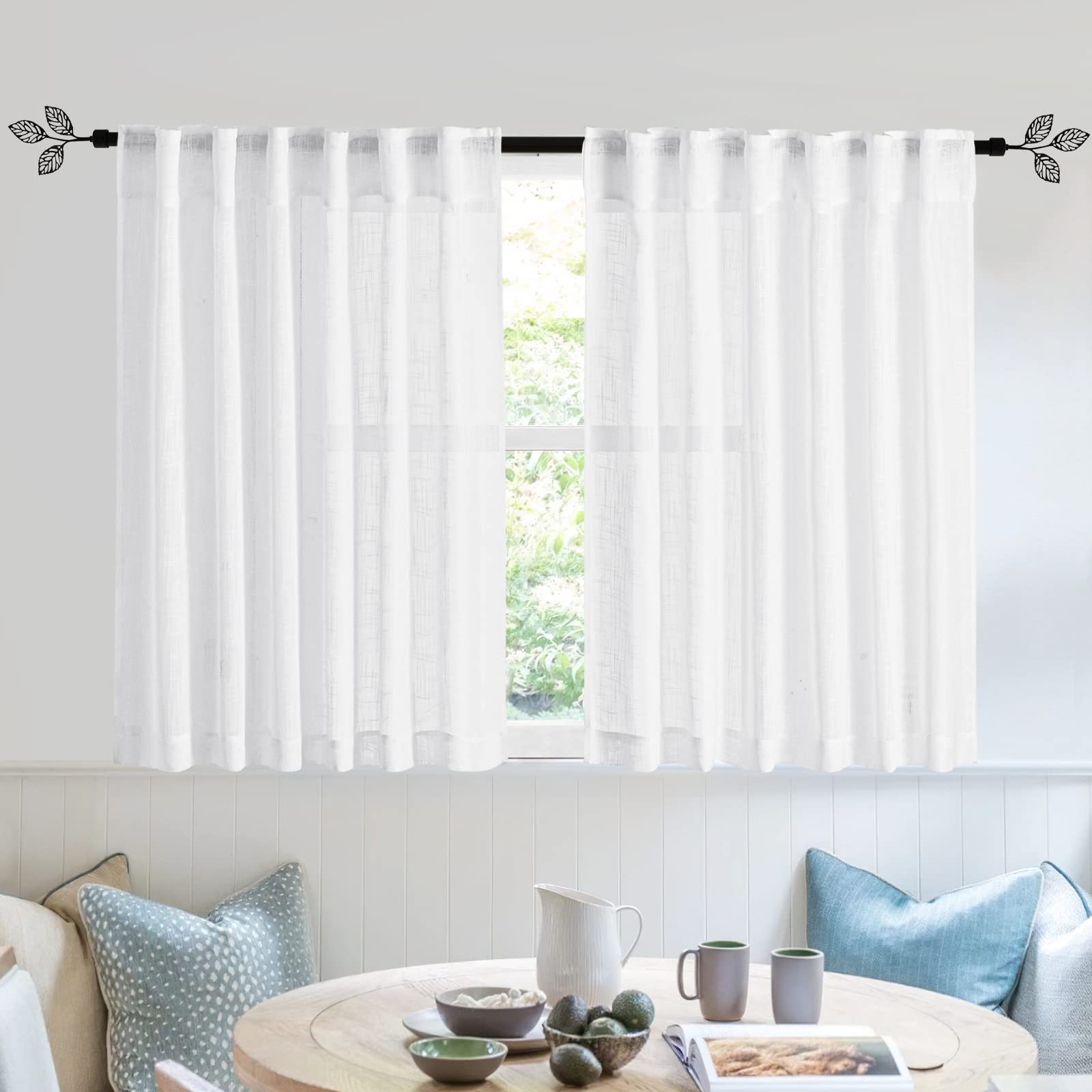 RYB HOME White Sheer Curtains Linen Texture Window Panels, Semi Sheer Light Filetring Rod Pocket & Back Tab Drapes for Bedroom, 52 x 84 inches, Pack of 2
