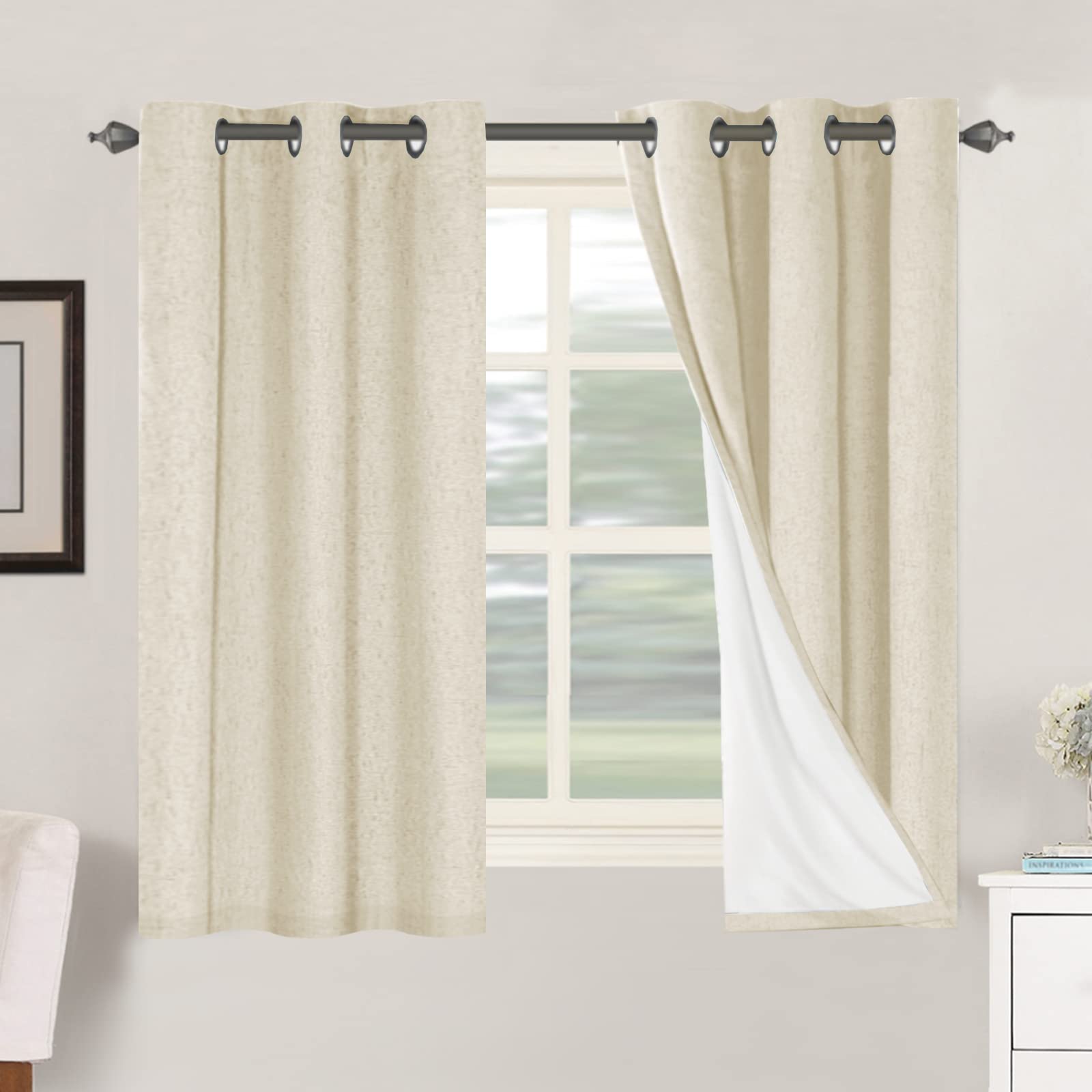 H.VERSAILTEX Linen 100% Blackout Curtains for Bedroom Full Light Blocking Curtains, Textured Window Curtain for Living Room 84 inch Grommet, Energy Efficient Curtains White Liner(2 Panels, Natural)