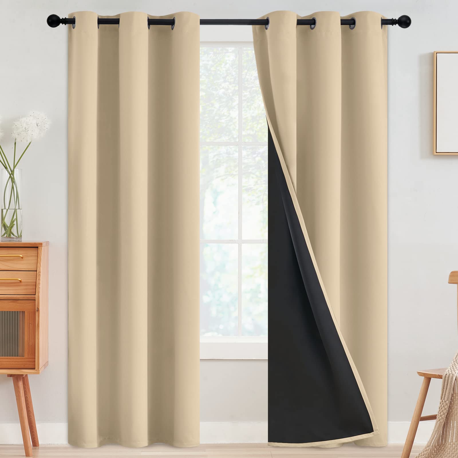 SimpleHome 100% Blackout Curtains for Bedroom,Thermal Insulated Grommet Window Drapes Room Darkening Cream Curtains for Living Room with Black Back,52 x 84 Inch,2 Panels