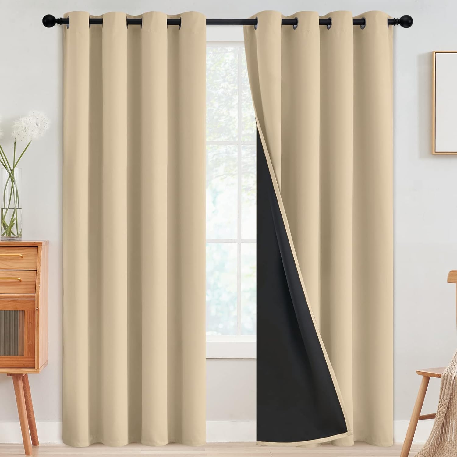 SimpleHome 100% Blackout Curtains for Bedroom,Thermal Insulated Grommet Window Drapes Room Darkening Cream Curtains for Living Room with Black Back,52 x 84 Inch,2 Panels