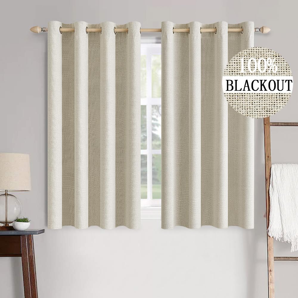 MIULEE 90 Inches Linen Textured Curtains for Bedroom 100% Blackout Thermal Insulated Natural Beige Grommet Room Darkening Curtains & Drapes Luxury Decor for Living Room Nursery 52 x 90 Inch (2 Panels)