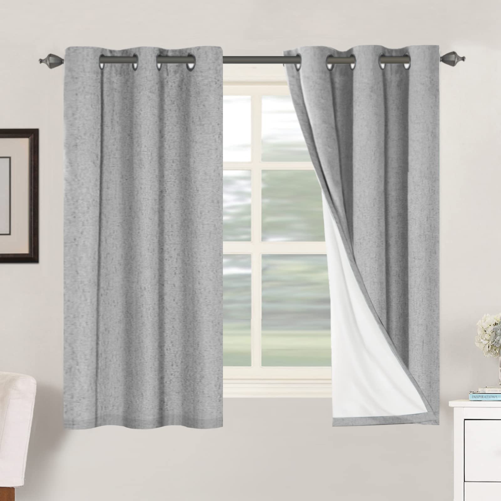 H.VERSAILTEX Linen 100% Blackout Curtains for Bedroom Full Light Blocking Curtains, Textured Window Curtain for Living Room 84 inch Grommet, Energy Efficient Curtains White Liner(2 Panels, Natural)