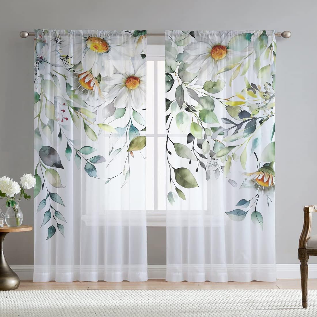 Green Eucalyptus Leaves Sheer Curtains for Living Room 84 inch Length 2 Panels Set Elegant Wild Flower Floral Spring Printed Window Curtain Natural Chiffon Drapes for Bedroom