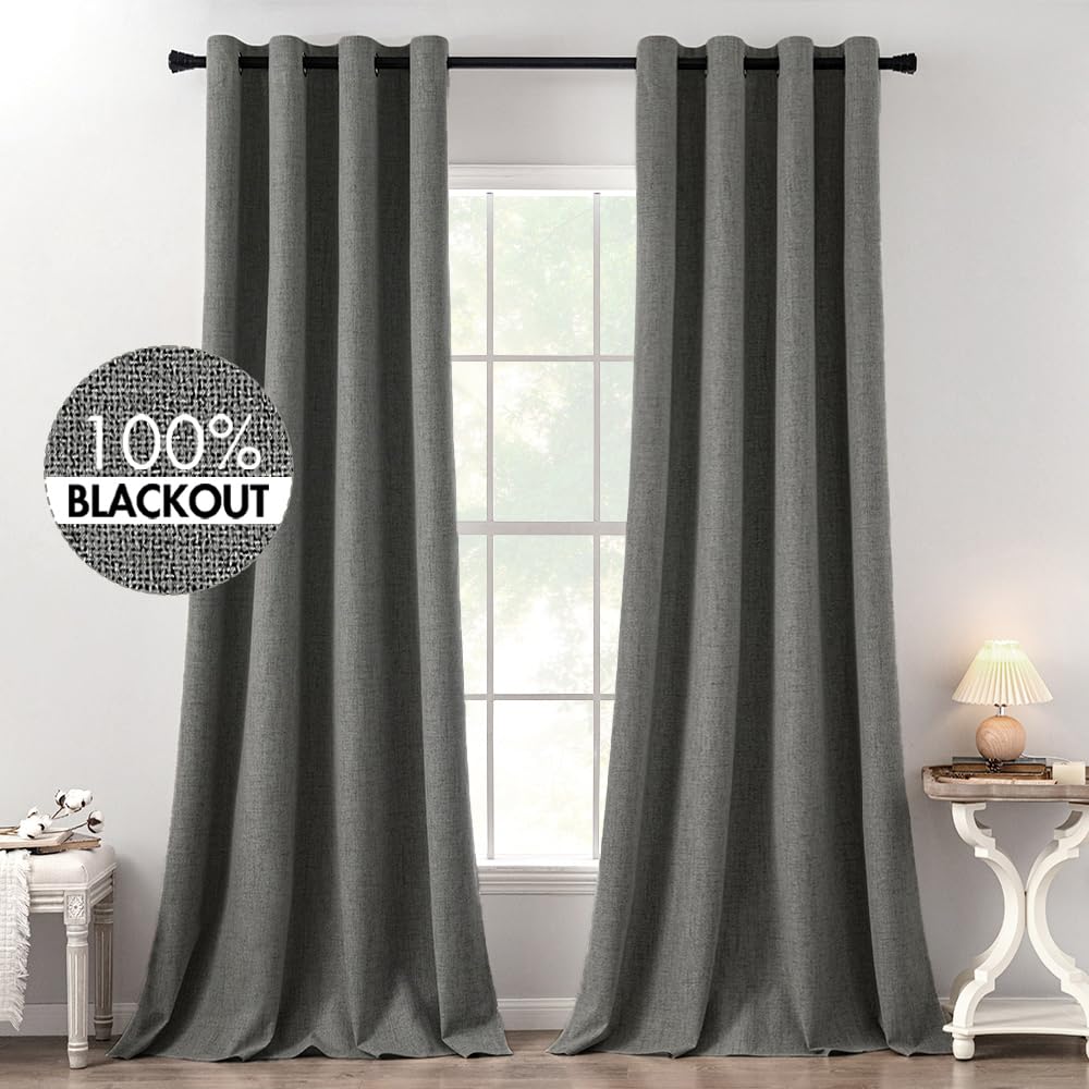 MIULEE 90 Inches Linen Textured Curtains for Bedroom 100% Blackout Thermal Insulated Natural Beige Grommet Room Darkening Curtains & Drapes Luxury Decor for Living Room Nursery 52 x 90 Inch (2 Panels)