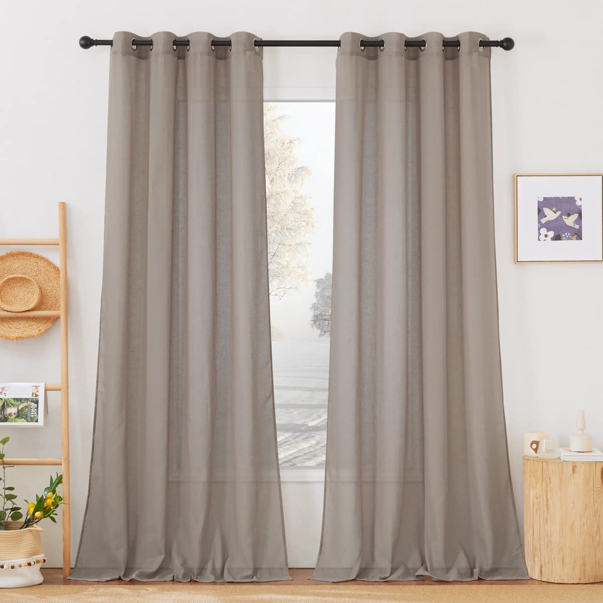 NICETOWN Semi Sheer Beige Curtains 84 inches Long, Grommet Retro Linen Curtains Window Treatments Vertical Drapes Privacy with Light Filter for Living Room, W52 x L84, 2 Panels