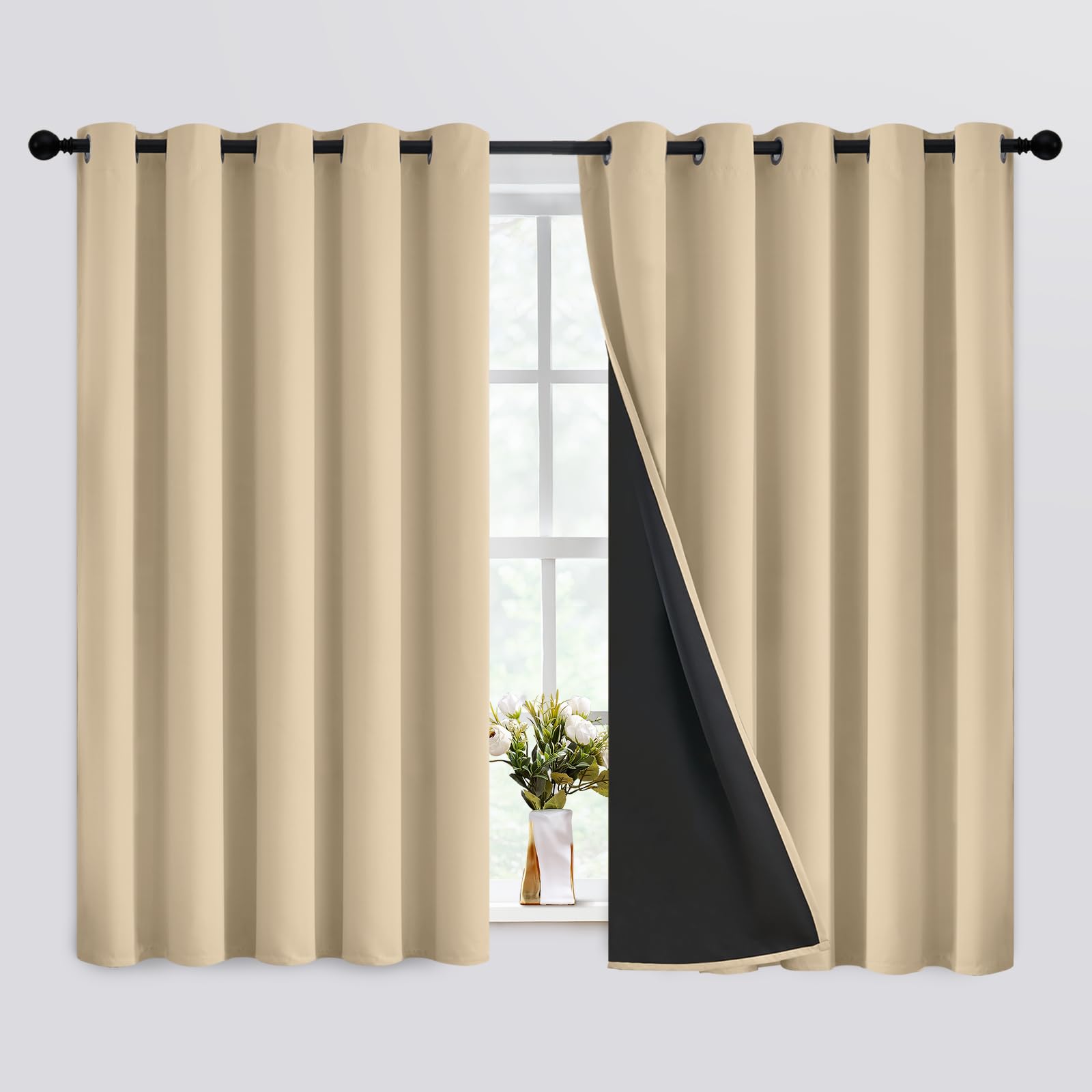 SimpleHome 100% Blackout Curtains for Bedroom,Thermal Insulated Grommet Window Drapes Room Darkening Cream Curtains for Living Room with Black Back,52 x 84 Inch,2 Panels