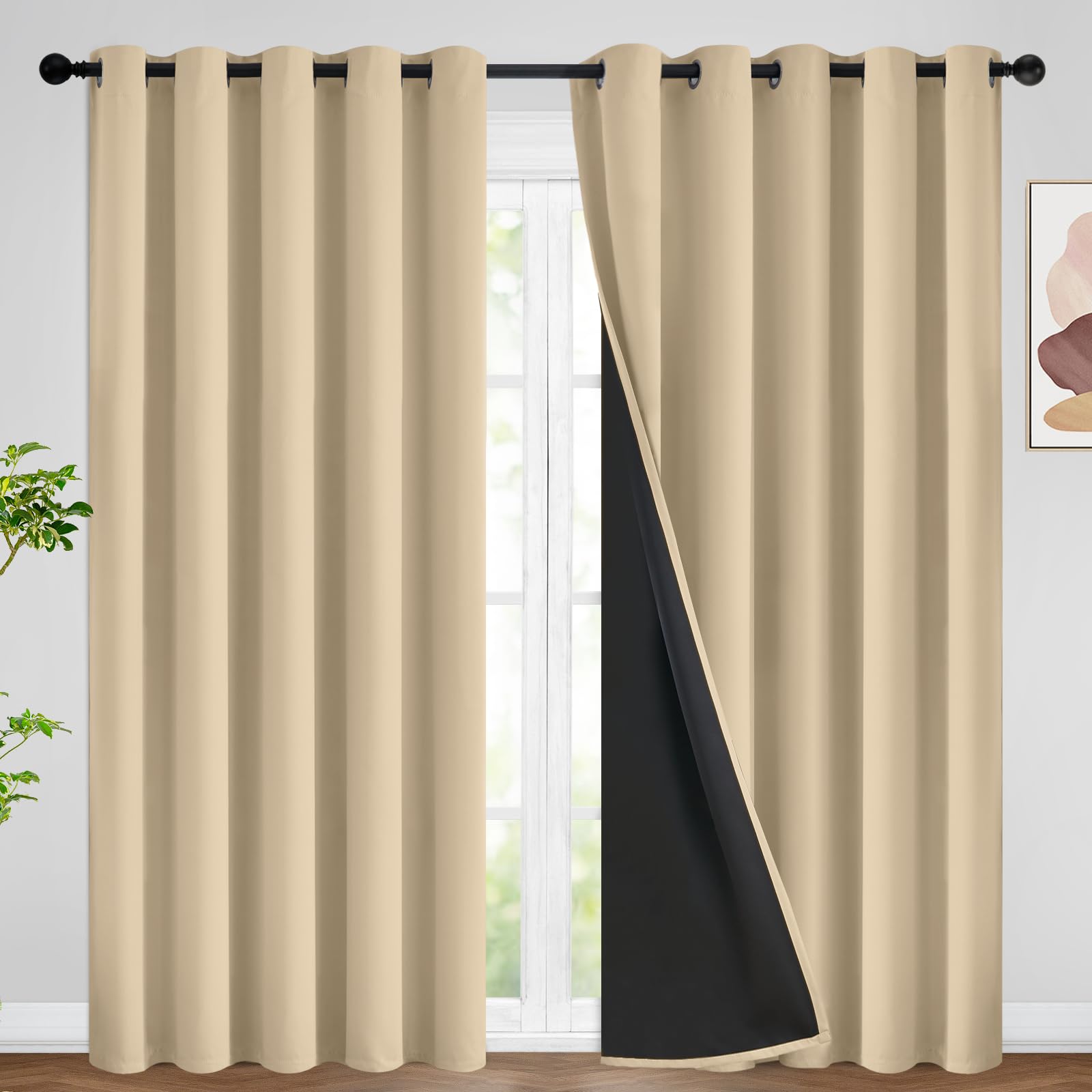SimpleHome 100% Blackout Curtains for Bedroom,Thermal Insulated Grommet Window Drapes Room Darkening Cream Curtains for Living Room with Black Back,52 x 84 Inch,2 Panels