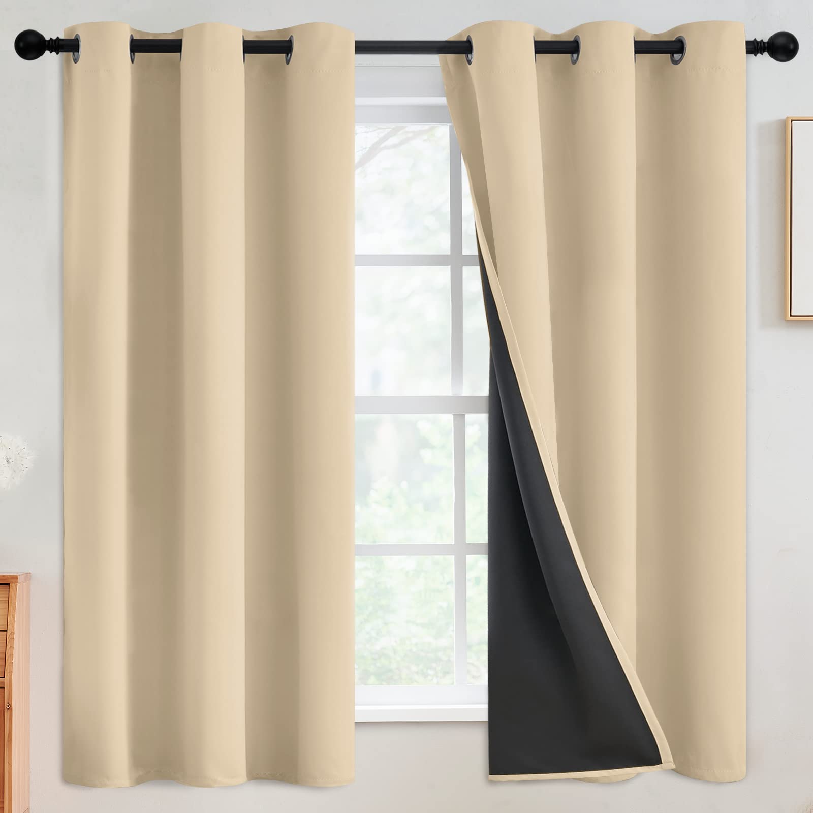 SimpleHome 100% Blackout Curtains for Bedroom,Thermal Insulated Grommet Window Drapes Room Darkening Cream Curtains for Living Room with Black Back,52 x 84 Inch,2 Panels