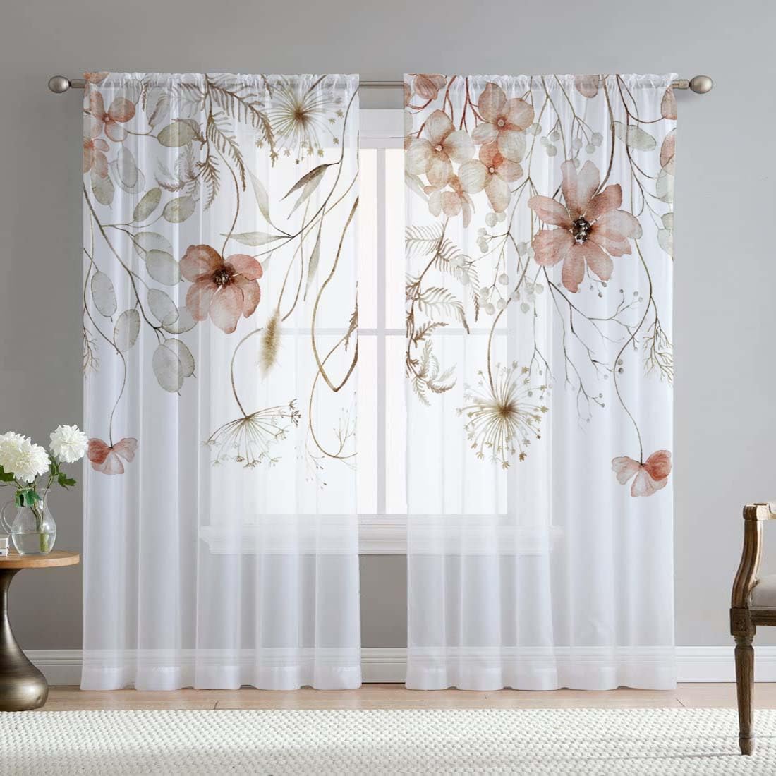 Green Eucalyptus Leaves Sheer Curtains for Living Room 84 inch Length 2 Panels Set Elegant Wild Flower Floral Spring Printed Window Curtain Natural Chiffon Drapes for Bedroom
