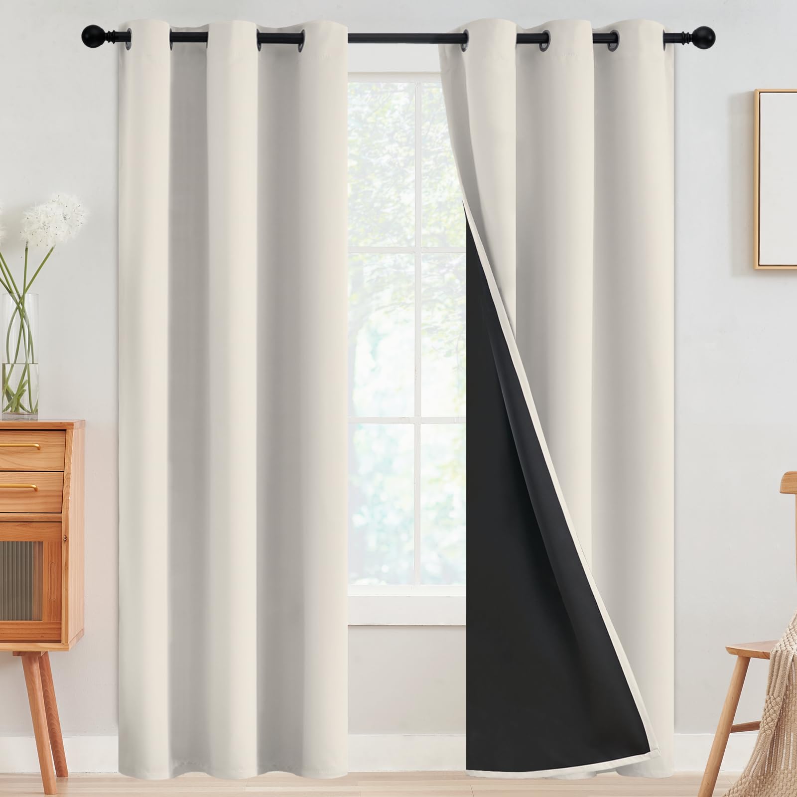 SimpleHome 100% Blackout Curtains for Bedroom,Thermal Insulated Grommet Window Drapes Room Darkening Cream Curtains for Living Room with Black Back,52 x 84 Inch,2 Panels