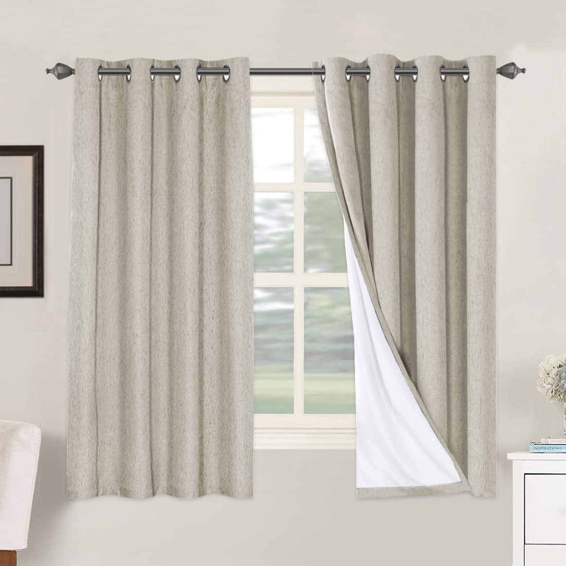 H.VERSAILTEX Linen 100% Blackout Curtains for Bedroom Full Light Blocking Curtains, Textured Window Curtain for Living Room 84 inch Grommet, Energy Efficient Curtains White Liner(2 Panels, Natural)