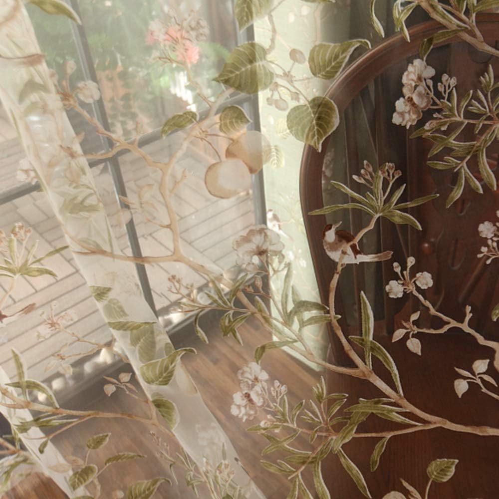 Vintage Birds Sheer Curtains 84 Inches Length Farmhouse Tulle Curtain Panels for Home Decoration Rod Pocket Light Filtering Voile Window Drapes for Patio Door Sliding Glass Door 1 Panel W55 X L84 Inch