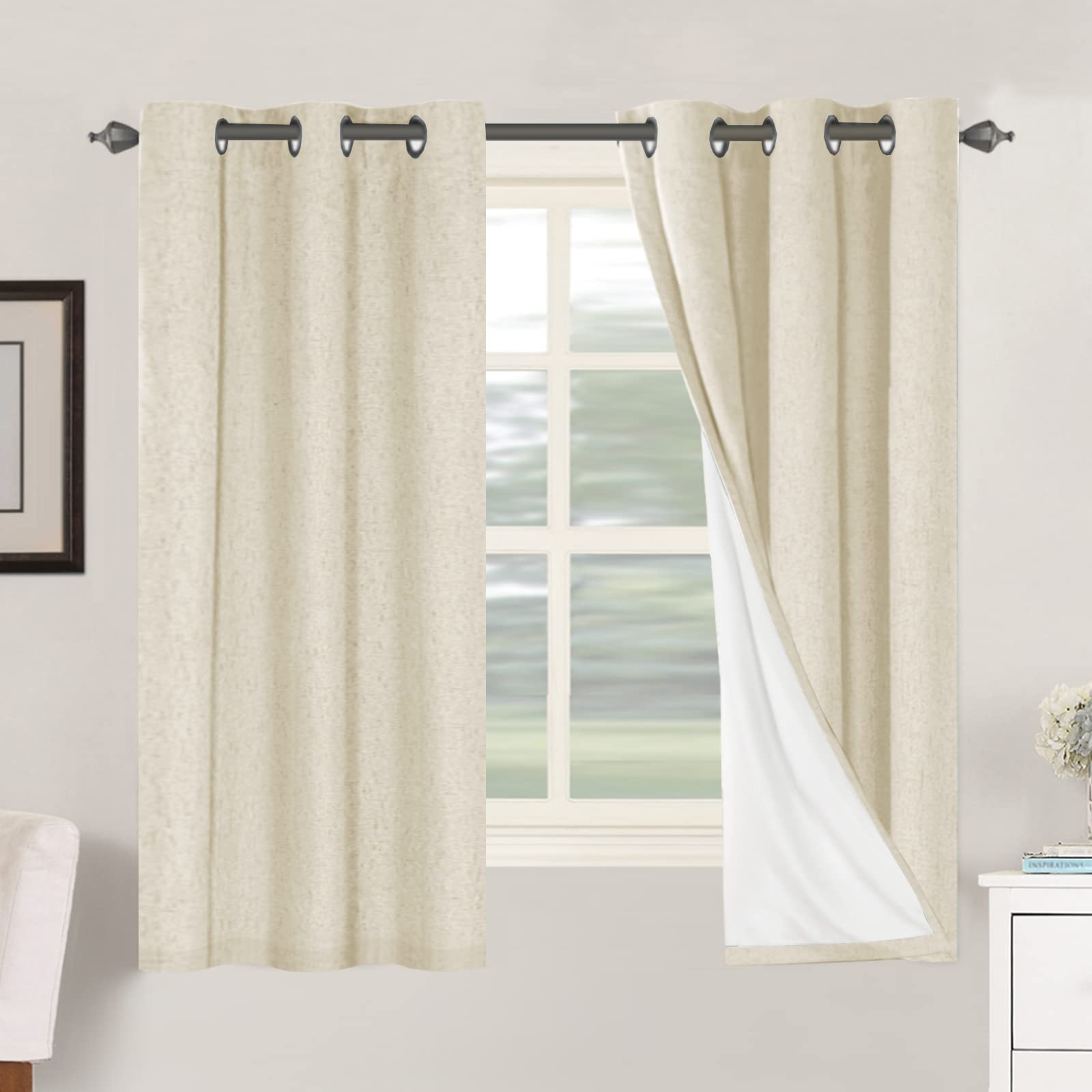 H.VERSAILTEX Linen 100% Blackout Curtains for Bedroom Full Light Blocking Curtains, Textured Window Curtain for Living Room 84 inch Grommet, Energy Efficient Curtains White Liner(2 Panels, Natural)