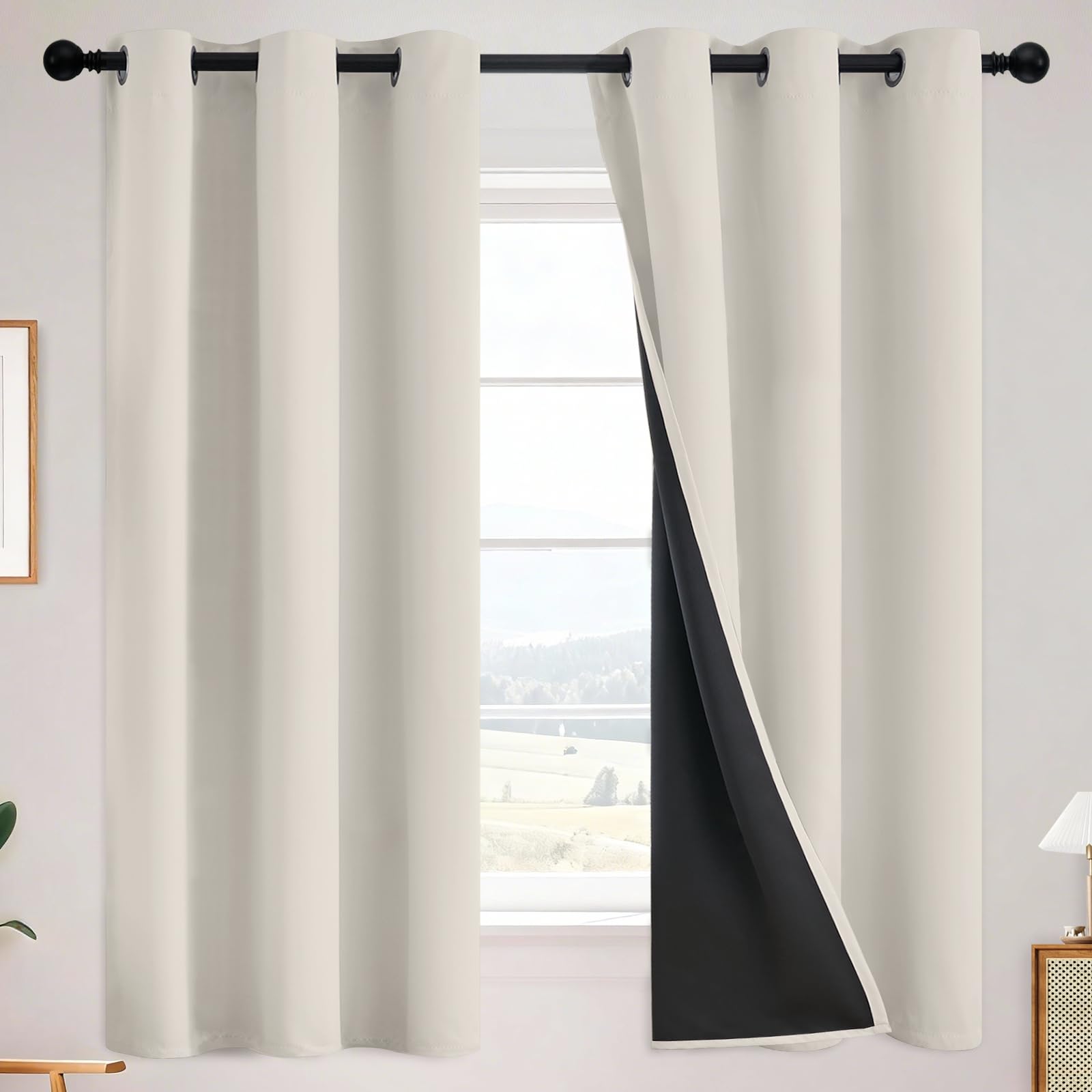 SimpleHome 100% Blackout Curtains for Bedroom,Thermal Insulated Grommet Window Drapes Room Darkening Cream Curtains for Living Room with Black Back,52 x 84 Inch,2 Panels