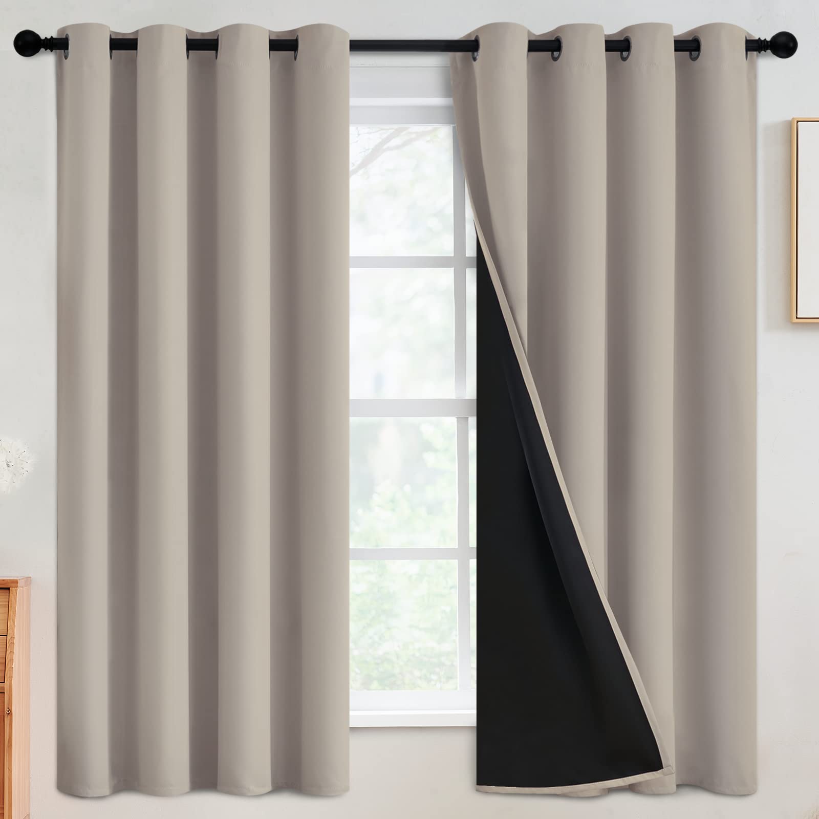 SimpleHome 100% Blackout Curtains for Bedroom,Thermal Insulated Grommet Window Drapes Room Darkening Cream Curtains for Living Room with Black Back,52 x 84 Inch,2 Panels