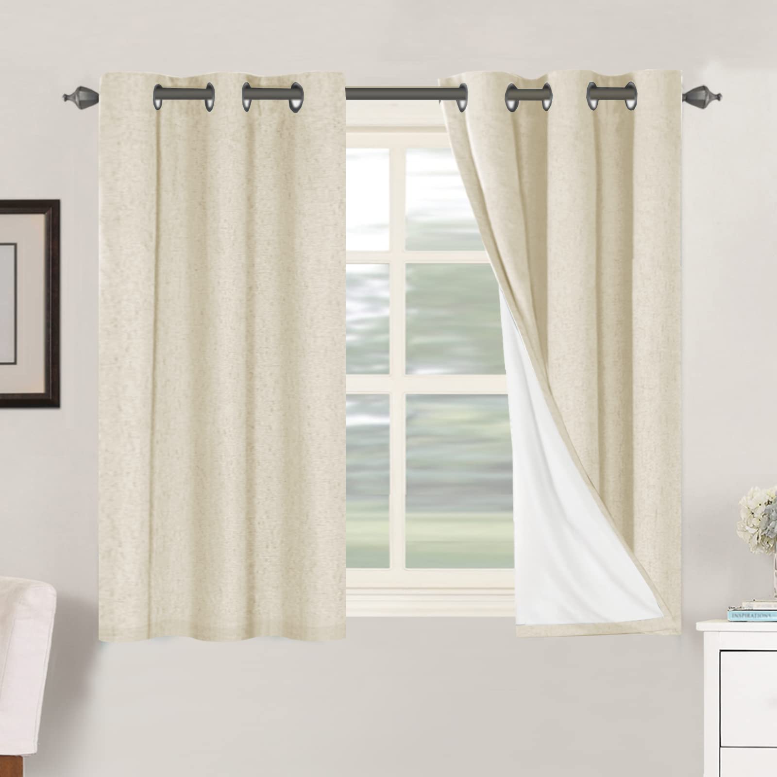 H.VERSAILTEX Linen 100% Blackout Curtains for Bedroom Full Light Blocking Curtains, Textured Window Curtain for Living Room 84 inch Grommet, Energy Efficient Curtains White Liner(2 Panels, Natural)