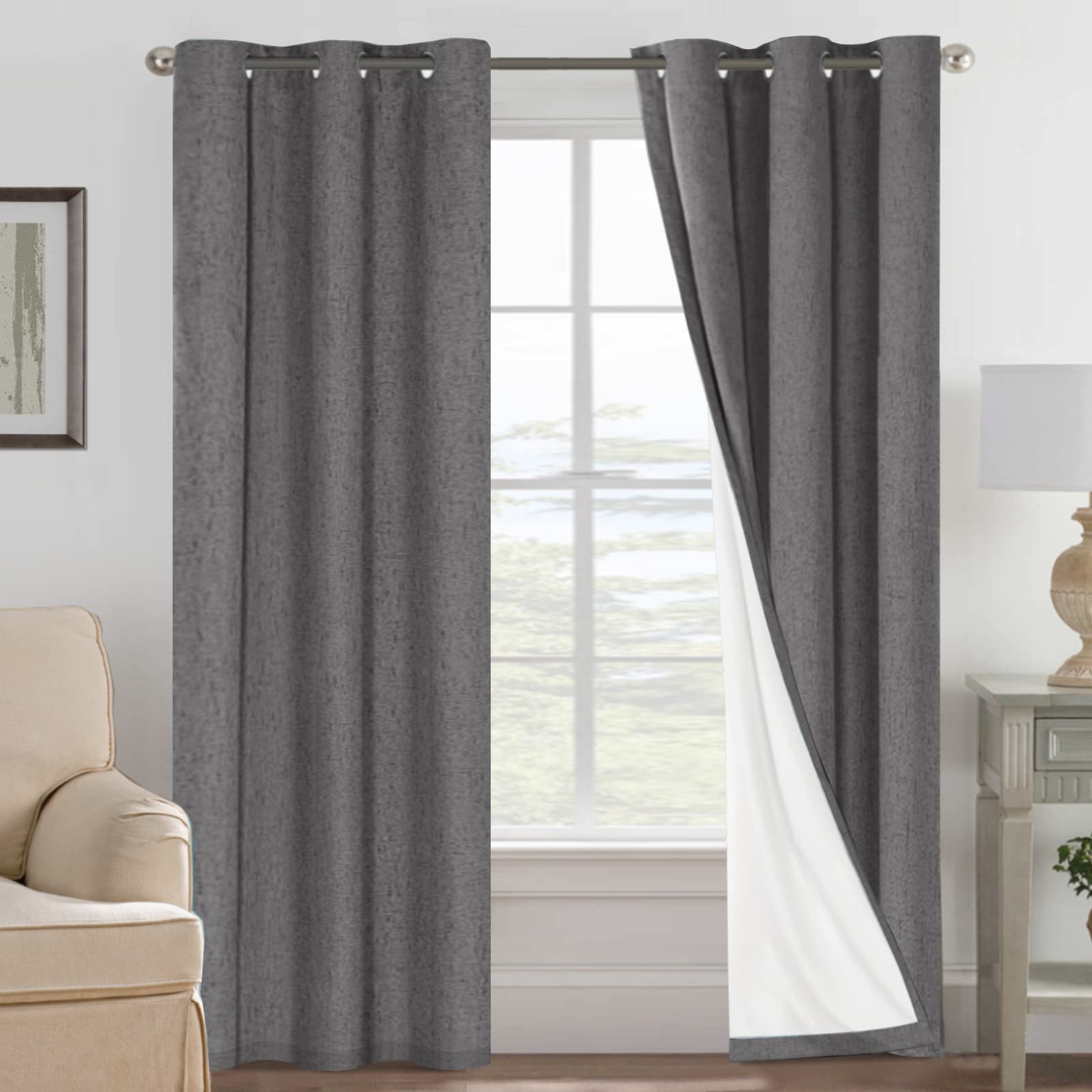 H.VERSAILTEX Linen 100% Blackout Curtains for Bedroom Full Light Blocking Curtains, Textured Window Curtain for Living Room 84 inch Grommet, Energy Efficient Curtains White Liner(2 Panels, Natural)