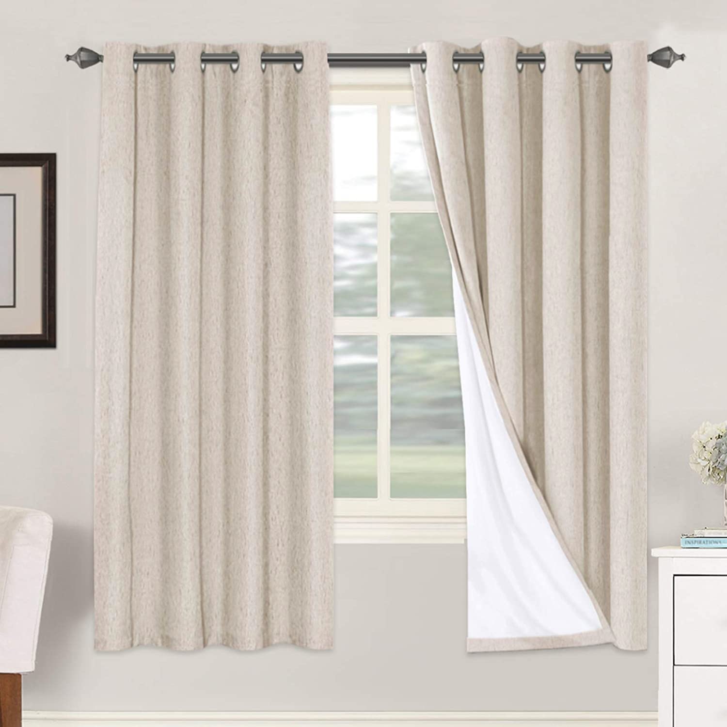 H.VERSAILTEX Linen 100% Blackout Curtains for Bedroom Full Light Blocking Curtains, Textured Window Curtain for Living Room 84 inch Grommet, Energy Efficient Curtains White Liner(2 Panels, Natural)
