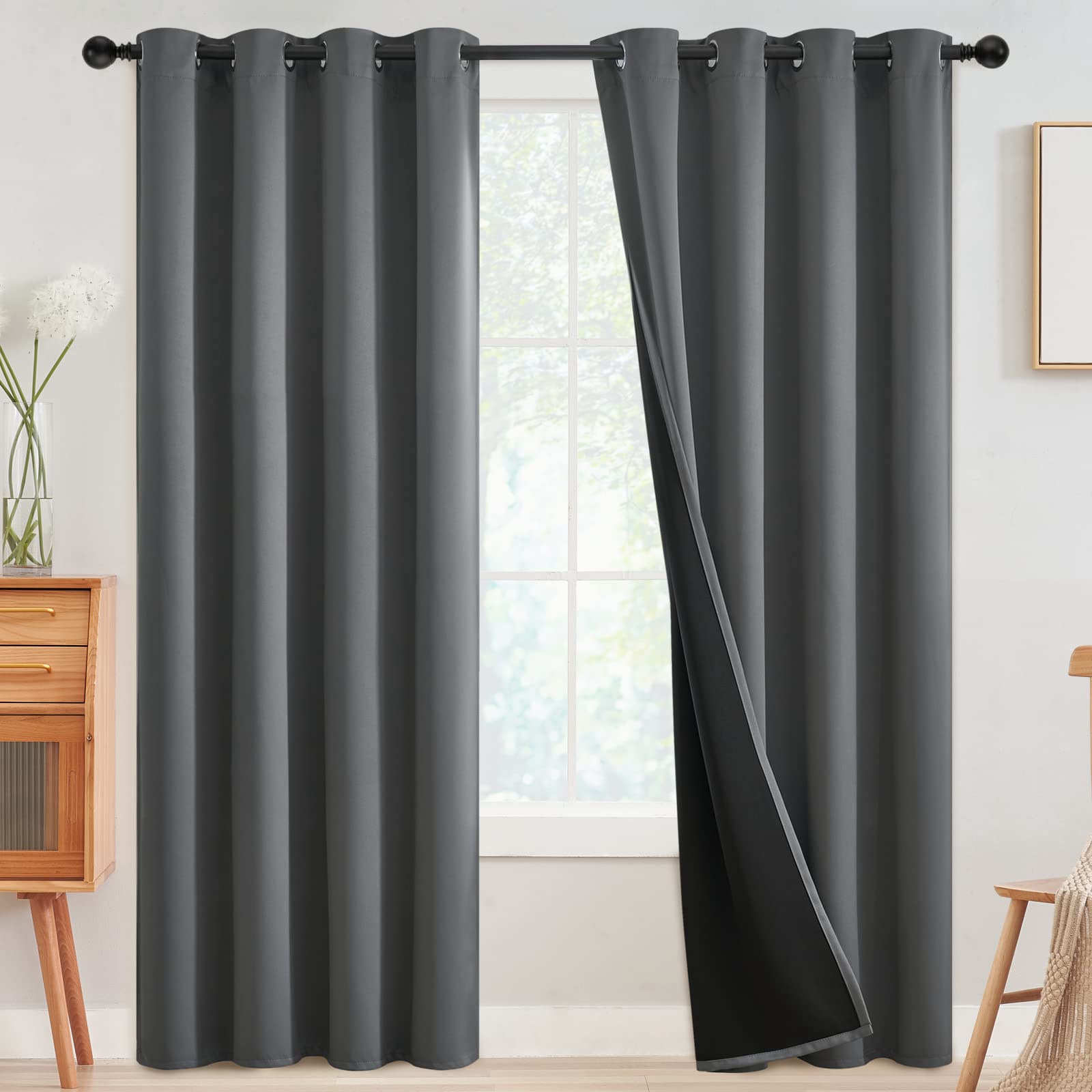 SimpleHome 100% Blackout Curtains for Bedroom,Thermal Insulated Grommet Window Drapes Room Darkening Cream Curtains for Living Room with Black Back,52 x 84 Inch,2 Panels