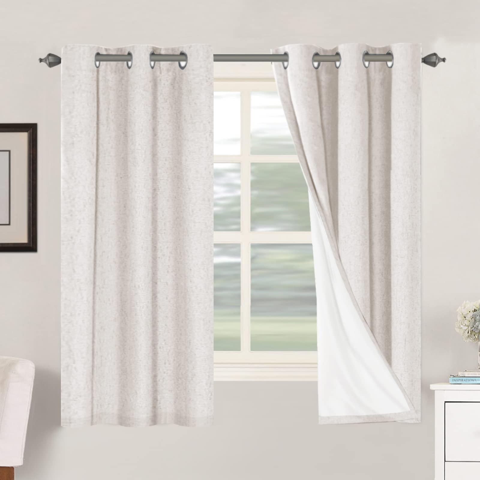 H.VERSAILTEX Linen 100% Blackout Curtains for Bedroom Full Light Blocking Curtains, Textured Window Curtain for Living Room 84 inch Grommet, Energy Efficient Curtains White Liner(2 Panels, Natural)