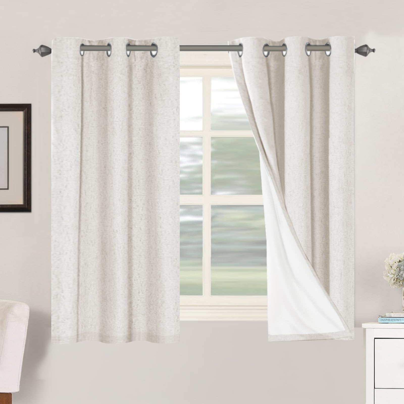 H.VERSAILTEX Linen 100% Blackout Curtains for Bedroom Full Light Blocking Curtains, Textured Window Curtain for Living Room 84 inch Grommet, Energy Efficient Curtains White Liner(2 Panels, Natural)