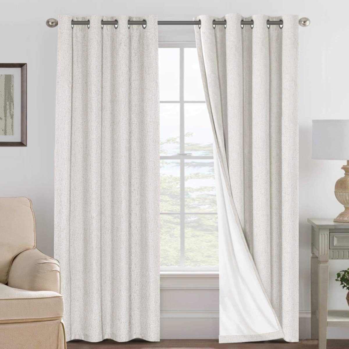 H.VERSAILTEX Linen 100% Blackout Curtains for Bedroom Full Light Blocking Curtains, Textured Window Curtain for Living Room 84 inch Grommet, Energy Efficient Curtains White Liner(2 Panels, Natural)