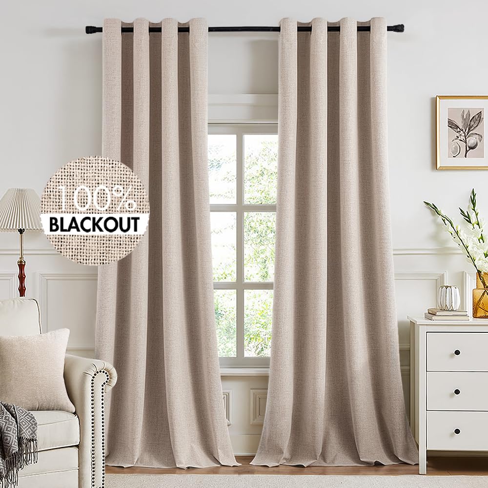 MIULEE 90 Inches Linen Textured Curtains for Bedroom 100% Blackout Thermal Insulated Natural Beige Grommet Room Darkening Curtains & Drapes Luxury Decor for Living Room Nursery 52 x 90 Inch (2 Panels)