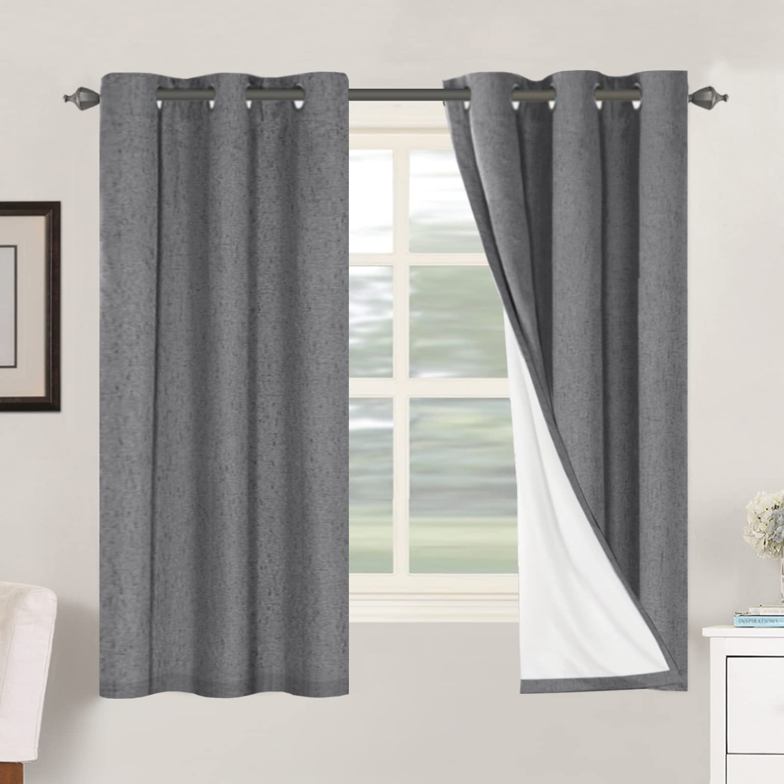 H.VERSAILTEX Linen 100% Blackout Curtains for Bedroom Full Light Blocking Curtains, Textured Window Curtain for Living Room 84 inch Grommet, Energy Efficient Curtains White Liner(2 Panels, Natural)