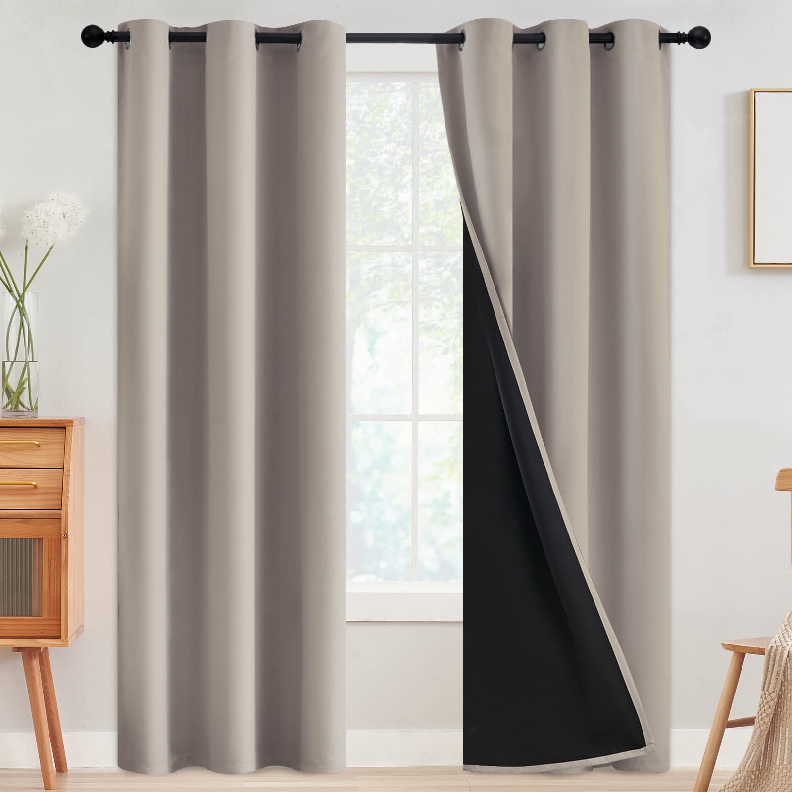 SimpleHome 100% Blackout Curtains for Bedroom,Thermal Insulated Grommet Window Drapes Room Darkening Cream Curtains for Living Room with Black Back,52 x 84 Inch,2 Panels