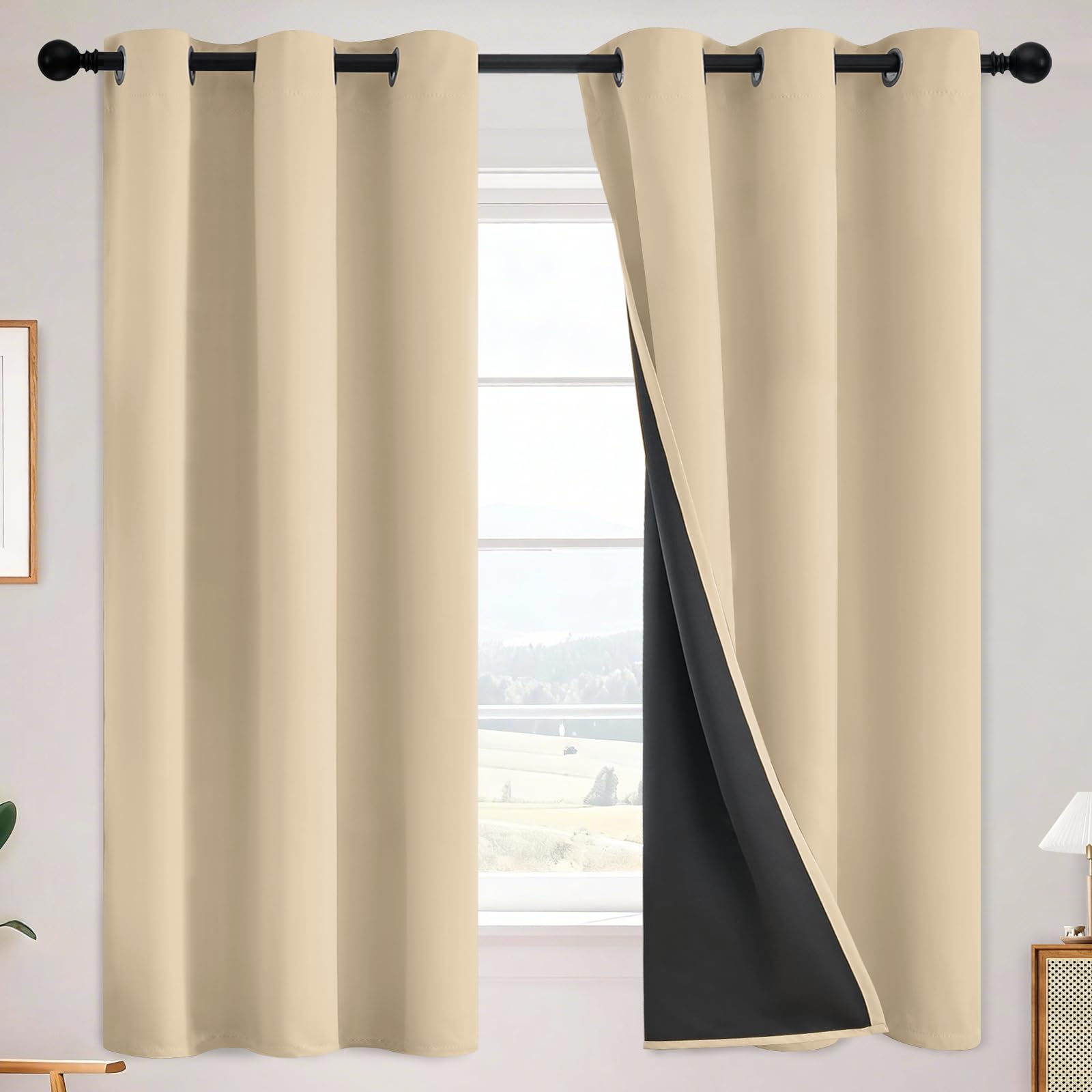 SimpleHome 100% Blackout Curtains for Bedroom,Thermal Insulated Grommet Window Drapes Room Darkening Cream Curtains for Living Room with Black Back,52 x 84 Inch,2 Panels